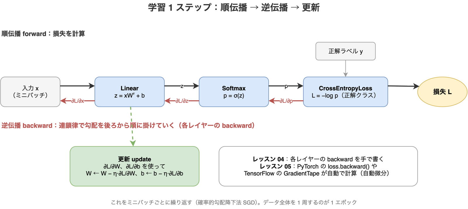学習 1 ステップの流れを示す図。順伝播では、入力 x のミニバッチが Linear、Softmax、CrossEntropyLoss を順に通り、正解ラベル y と比べて損失 L が計算される。逆伝播では、損失の側から ∂L/∂p、∂L/∂z、∂L/∂x と勾配を後ろ向きに掛けていく。最後に、得られた ∂L/∂W と ∂L/∂b で重みとバイアスを更新する。レッスン 04 では各レイヤーの backward を手で書き、レッスン 05 では PyTorch や TensorFlow が自動で計算する