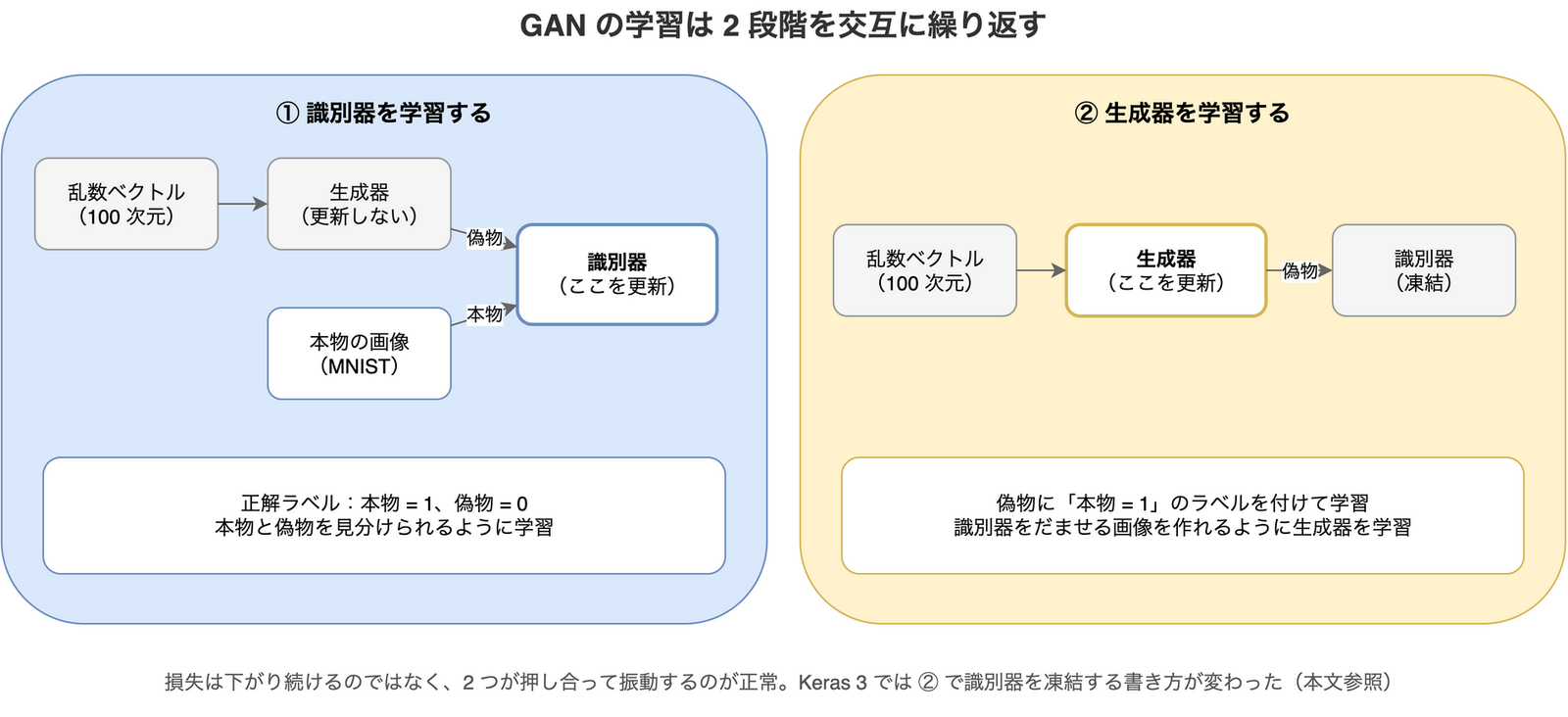GAN の学習の 2 段階を示す図。左の「識別器を学習する」段階では、乱数ベクトルから更新しない生成器で偽物の画像を作り、MNIST の本物の画像と一緒に識別器に入れて、本物を 1、偽物を 0 と見分けられるように識別器だけを更新する。右の「生成器を学習する」段階では、乱数ベクトルから生成器で偽物を作って凍結した識別器に通し、偽物に本物のラベル 1 を付けて、識別器をだませるように生成器だけを更新する。損失は下がり続けるのではなく振動するのが正常